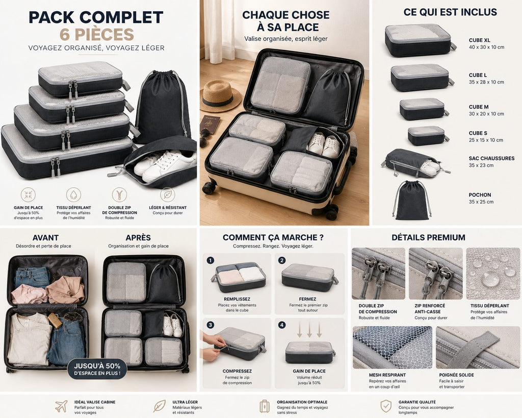 pack starter organiseur 6 cubes compressible noir avant après ce qui est inclus dans le pack