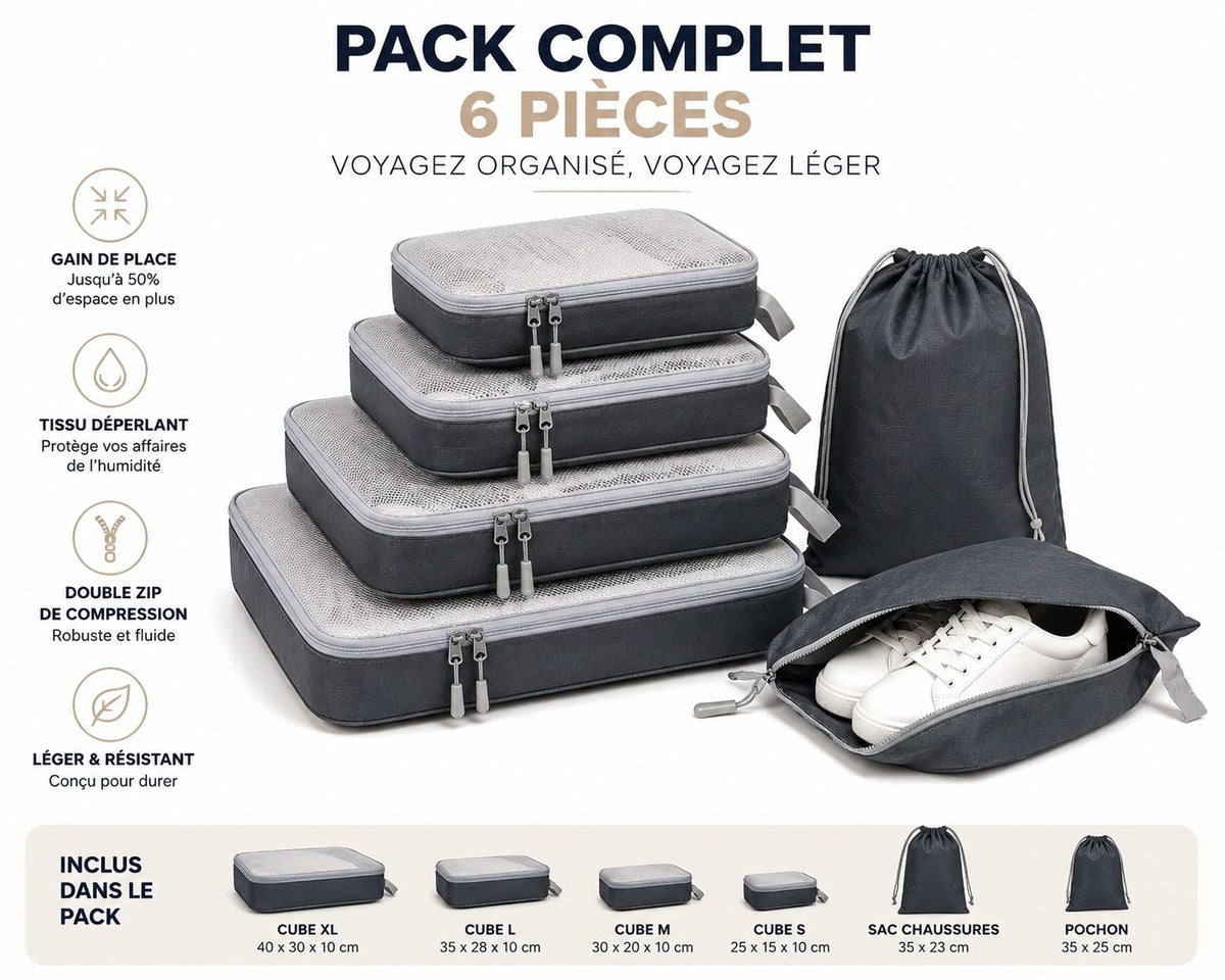 pack starter organiseur 6 cubes compressible noir voyage organisée